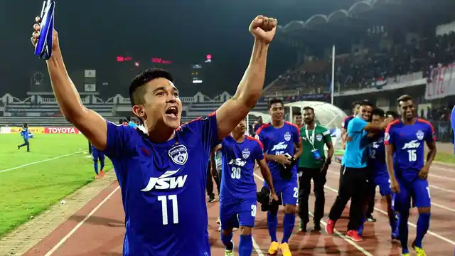 Bengaluru FC captain Sunil Chhetri celebrate the win against Johor Darul TA’ZIM (MAS) during the AFC Cup 2016 knock-out match at Kanteerava Stadium in Bengaluru.