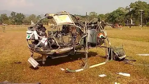 The remnants of the Cheetah that crashed at HQs 33 Corps helipad at Sukna, West Bengal. (Photo Courtesy:Twitter/<a href="https://twitter.com/rahulsinghx">@rahulsinghx</a>) 