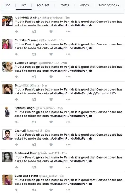Multiple accounts posting the same content. (Photo Courtesy: <a href="http://www.dailyo.in/politics/bjp-modi-bhakts-social-media-trolls-aap-kejriwal-thailand/story/1/11324.html">DailyO</a>)