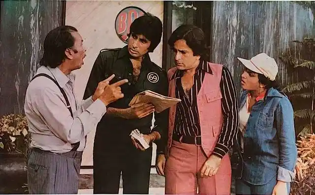 Johnny Walker with Amitabh Bachchan, Shashi Kapoor and Bindya Goswami in a still from <i>Shaan</i>.
