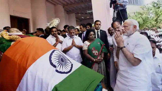 Prime Minister Narendra Modi pays his last respects to Tamil Nadu’s late Chief Minister J Jayalalithaa at Rajaji Hall in Chennai on Tuesday. (Photo: PTI)