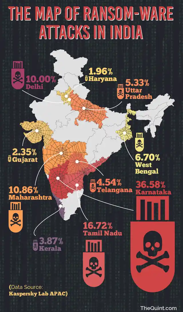 A map showing the distribution of ransomware attacks in India. (Photo: Harsh Sahani/<b>The Quint</b>)