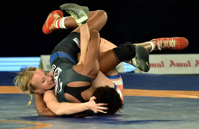 Haryana Hammers’ Sofia Mattson (red) competes against Odunayo Folasade Adekuoroye of Punjab Royals in the women’s 53 kg category. (Photo: PTI)
