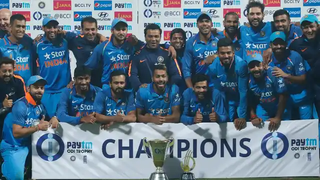 File photo of Indian team with trophy after winning the series after their third one day international cricket match against England at Eden Gardens in Kolkata. Image used for representation.