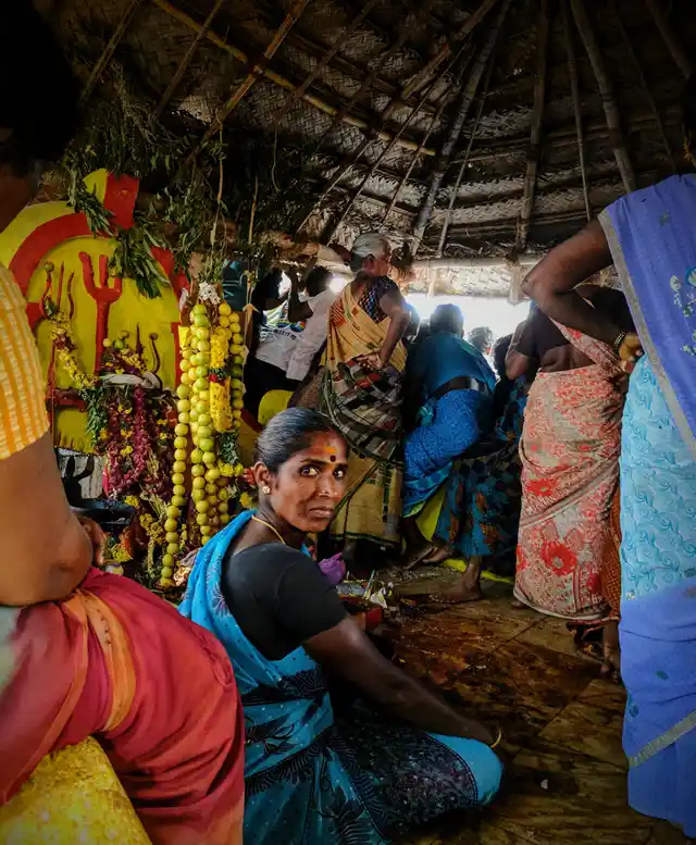 Muththu Pechchi, sitting inside one of the many temples, in Alanganallur. Right outside, there is a crowd of over three thousand people protesting against the ban. (Photo: Vikram Venkateswaran)