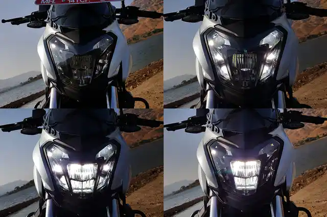 Four modes of the LED headlamp – clockwise from top left – pilots, DRLs, low beam and high beam. (Photo Courtesy: Motorscribes) 