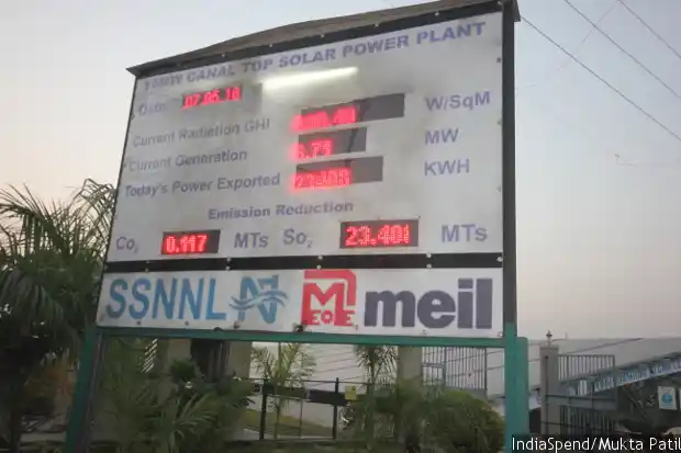 A board outside the 10 MW canal-top solar plant in Vadodara shows the daily export of power from the plant as well reduction in emissions. (Image courtesy: IndiaSpend/Mukta Patil)