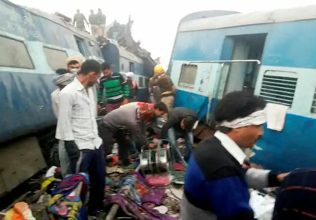 Rescue officials on the spot where 14 coaches of the Indore-Patna Express derailed. (Photo: PTI)