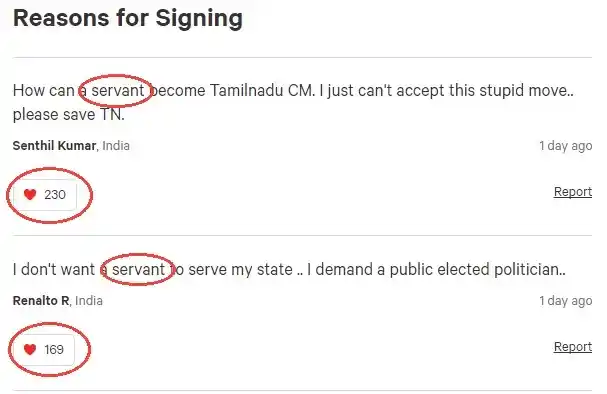Comments on a Change.org petition seeking dissolution of Tamil Nadu government.