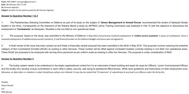 Army PRO’s response, sent on 28 February, to Poonam’s questionnaire.