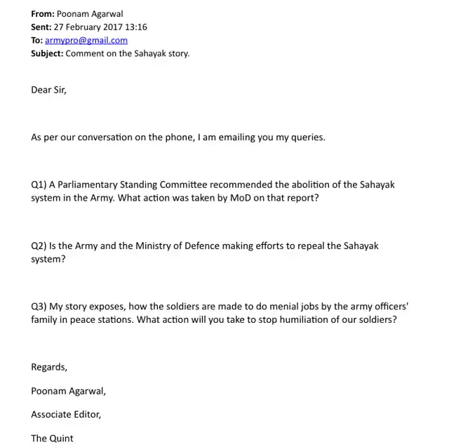 Poonam Agarwal’s email to the Army PRO after her story was published on 24 February.