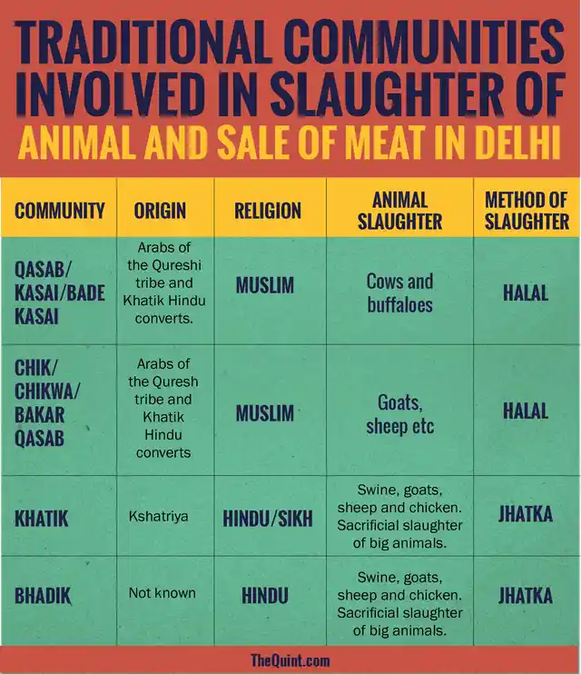 The role of different religious and regional caste groups, their origin, and the kind of slaughter of animals they perform. (Infographics: Rahul Gupta/<b>The Quint</b>)