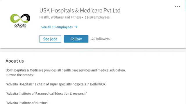 Screenshot of USK Hospitals’ <a href="https://www.linkedin.com/company-beta/1109924/">LinkedIn page</a>.