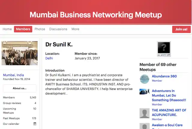 Screengrab of Kulkarni’s Meetup.com profile.