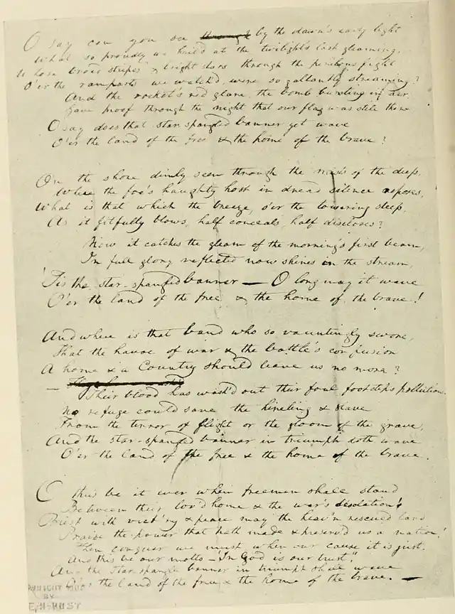 Francis Scott Key’s original manuscript copy of his ‘Star-Spangled Banner’ poem. It is now on display at the Maryland Historical Society. (Photo Courtesy:<a href="https://en.wikipedia.org/wiki/File:KeysSSB.jpg"> Wikipedia</a>)