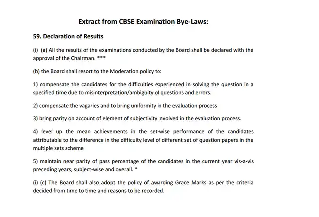An extract of CBSE’s moderation policy from the board’s bye-laws. (Photo Courtesy: CBSE)
