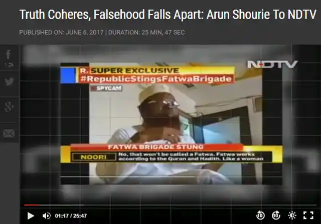 NDTV takes a direct dig at Republic on Sreenivasan Jain’s show <i>Reality Check </i>(Photo: Screengrab/<a href="http://www.ndtv.com/video/shows/reality-check/truth-coheres-falsehood-falls-apart-arun-shourie-to-ndtv-459370">NDTV</a>)