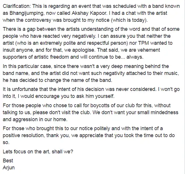 First clarification by The Piano Man Jazz Club’s proprietor Arjun Gupta. (Photo Courtesy: Facebook Screengrab/<a href="https://www.facebook.com/arjun.s.gupta">Arjun Sagar Gupta</a>)