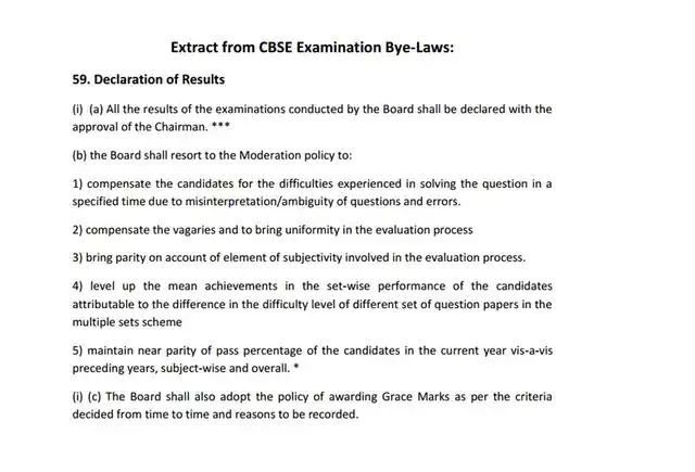 An extract of CBSE’s moderation policy from the board’s bye-laws. (Photo Courtesy: CBSE)