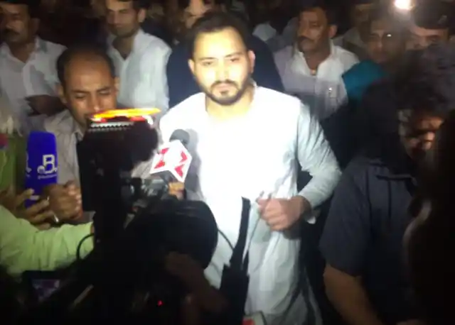 Tejashwi Yadav outside the Raj Bhavan on Thursday morning.