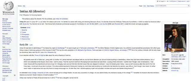 A snapshot of Imitiaz Ali’s official Wikipedia page. 