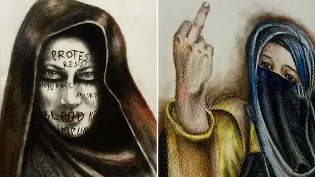 Self-portrait captioned, “Your face is your canvas when resistance is in your brush” (L); portrait of a college girl from Kashmir protesting against the use of pellet guns.