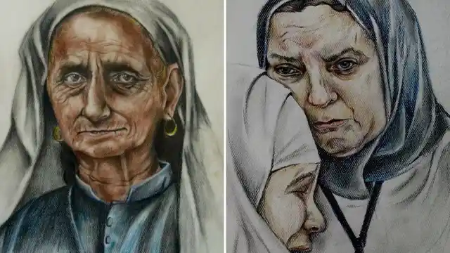 Portrait of Maqbool Bhat’s mother, Shahmali Begum (L); portrait of Parveena Ahanger, the founder of the Association of Parents of Disappeared Persons (APDP).