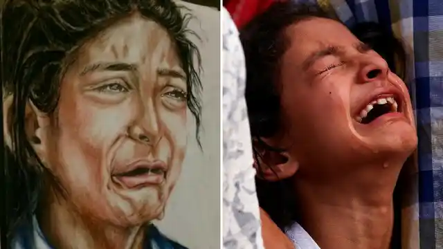 Portrait of Zohra made by Hina (L); the photo of Zohra that went viral (R)