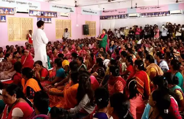 Rahul Gandhi interacts will women workers in Gujarat.