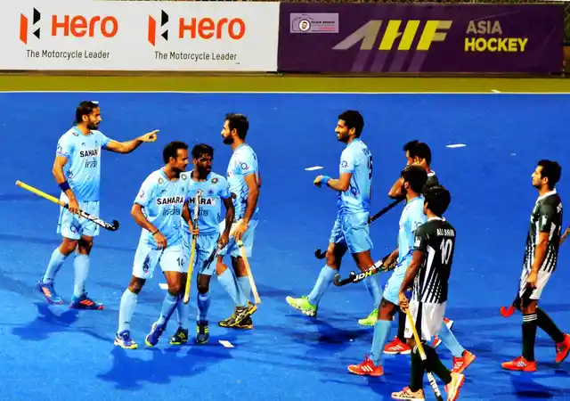 Indian players celebrate a goal during the Asia Cup match against Pakistan.