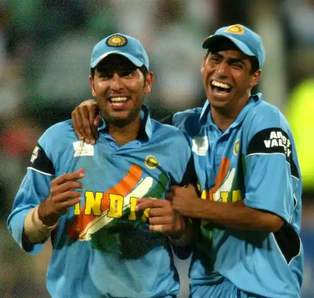File photo of a young Yuvraj Singh and Ashish Nehra celebrating a victory 