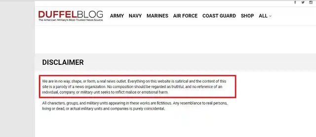 Screenshot of DUFFELBLOG Disclaimer