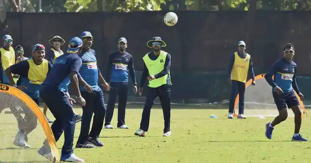 Kolkata: Sri Lankan cricketers play football during a practice esession at Salt Lake in Kolkata on Thursday. 
