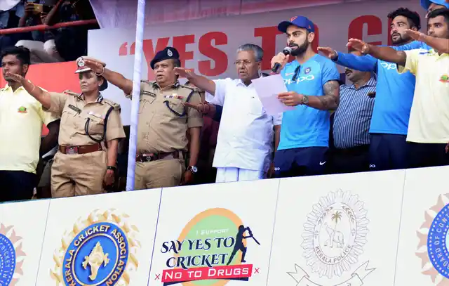Thiruvananthapuram : Indian skipper Virat Kohli reads out the anti-drug pledge at the inagural ceremony of the anti-drug campaign by the Kerala Police titled ‘Yes to Cricket and No to Drugs’ in Thiruvananthapuram on Monday.