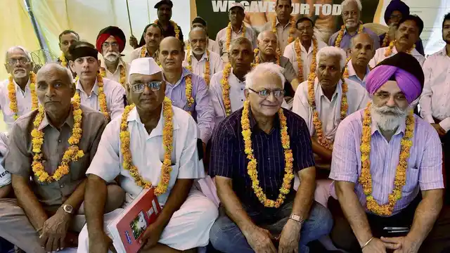 Ex-army men protest over One Rank One Pension at Jantar Mantar in New Delhi.