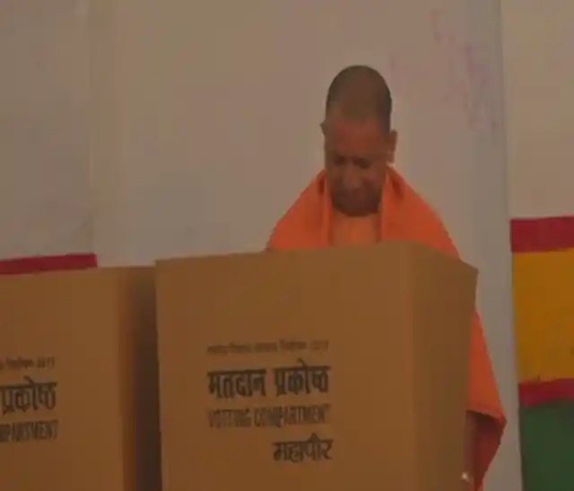 UP CM Yogi Adityanath casts his vote in Gorakhpur.