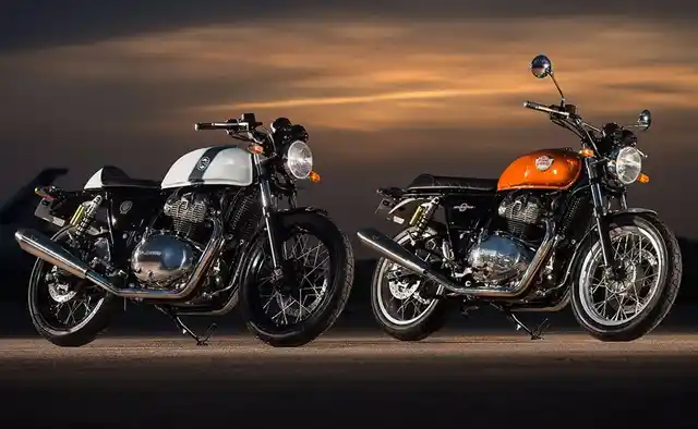 The Royal Enfield Continental GT 650 (left) and the Royal Enfield Interceptor INT 650 share the same chassis and engine, with different body styles.