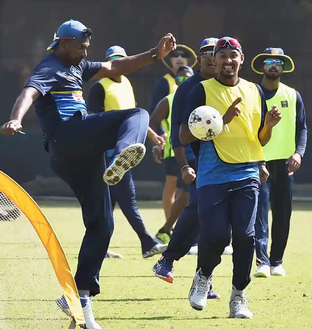 Kolkata: Sri Lankan cricketers play football during a practice esession at Salt Lake in Kolkata on Thursday