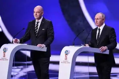 MOSCOW, Dec. 2, 2017 (Xinhua) -- FIFA President Gianni Infantino (L) and Russian President Vladimir Putin attend the Final Draw of the FIFA World Cup 2018 at the State Kremlin Palace in Moscow, capital of Russia, Dec. 1, 2017. (Xinhua/Evgeny Sinitsn/IANS)