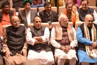 New Delhi: Prime Minister Narendra Modi with Union Ministers Arun Jaitley, Rajnath Singh, and BJP chief Amit Shah during BJP