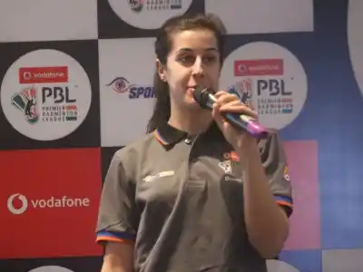 New Delhi: Spanish badminton player Carolina Marin addresses during a programme organised to unveil Premier Badminton League (PBL) Trophy in New Delhi on Dec 20, 2017. (Photo: IANS)