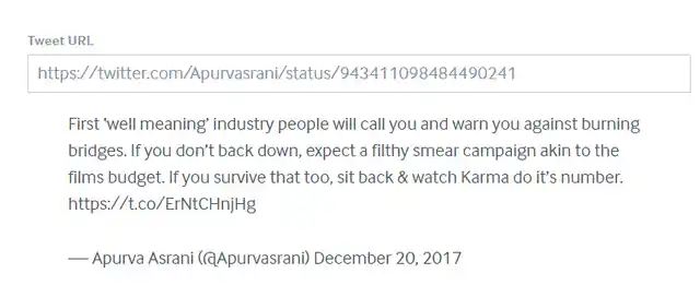 Apurva Asrani’s deleted tweet.