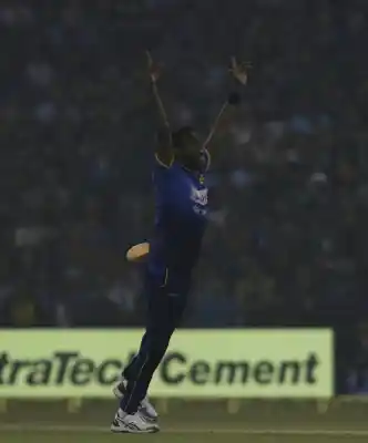 Cuttack: Angelo Mathews of Sri Lanka celebrates fall of Rohit Sharma