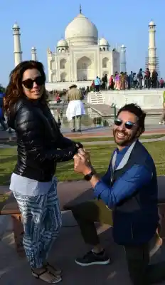 Agra: Hollywood actress Eva Longoria with her beau Jose Antonio Baston at the Taj Mahal in Agra on Dec. 16, 2015. (Photo: IANS)