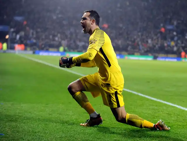 Manchester City’s goalkeeper Claudio Bravo celebrates after Manchester City beat Leicester City on penalties during the League Cup Quarter Final.