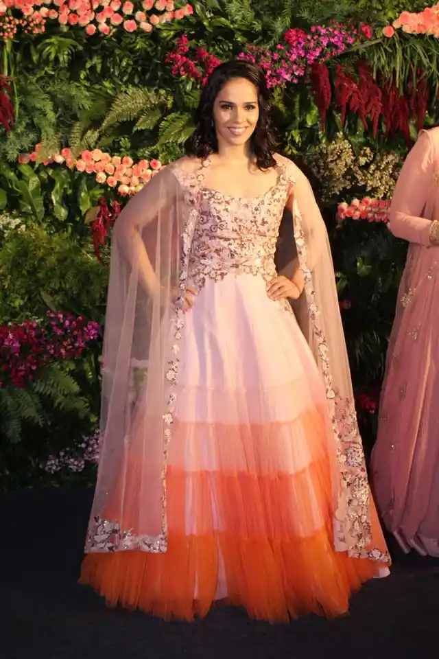 Saina Nehwal in a Neeta Lulla outfit at the Virat-Anushka reception in Mumbai.