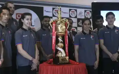 New Delhi: Badmonton players Saina Nehwal, Carolina Marin and other dignitaries during a programme organised to unveil Premier Badminton League (PBL) Trophy in New Delhi on Dec 20, 2017. (Photo: IANS)