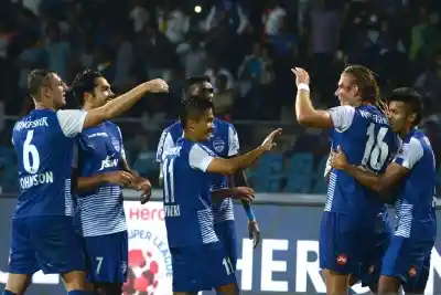 Bengaluru: Bengaluru FC players celebrate a goal during an ISL match between Bengaluru FC and Delhi Dynamos FC at Sree Kanteerava Stadium in Bengaluru, on Nov 26, 2017. (Photo: IANS)
