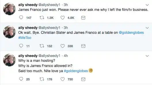 Actress Ally Sheedy’s tweets after James Franco’s win at The Golden Globes 2018. 