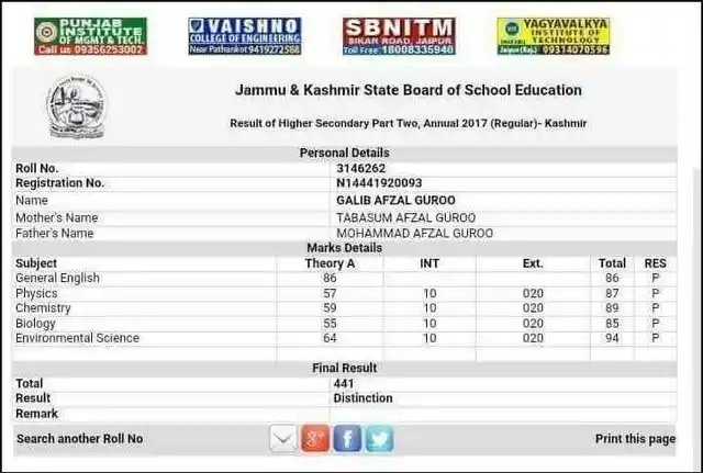 Ghalib Afzal Guru’s marksheet